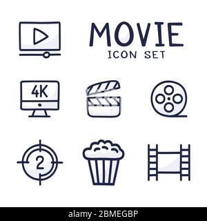 Simple Set of Cinema Related Vector cartoon outline Icons. Contains such Icons as Movie 4k, Popcorn, Video Clip and more. Hand draw vector illustratio Stock Vector