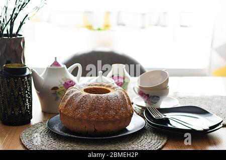Pumpkin cake with chocolate chips for autumn fall dinner. Vegetarian food. Stock Photo