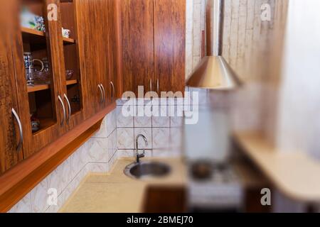 Luxury pine wood beautiful custom kitchen interior design with island and granite Stock Photo