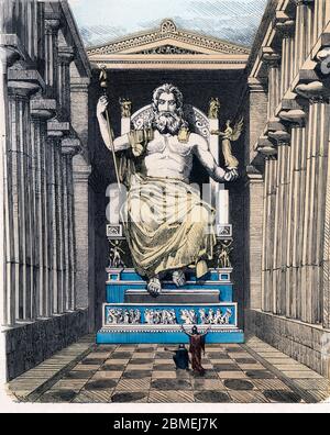 Historia Antigua. Las siete maravillas del mundo antiguo. Estatua y templo de Zeus (Júpiter). Grabado alemán de 1886. Stock Photo