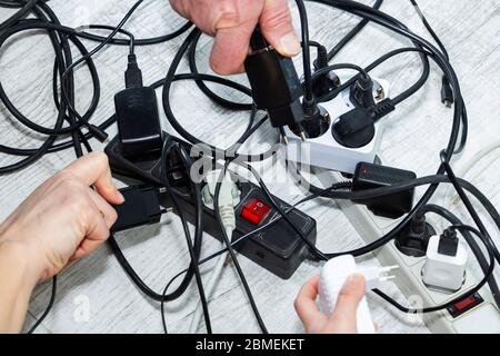 Lots of electrical outlets-enabled devices. Power saving. Stock Photo