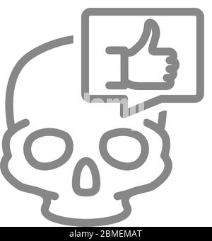 Skull with thumb up in speech bubble line icon. Bone structure of the head, cranium symbol Stock Vector