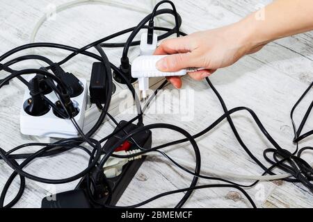 Lots of electrical outlets-enabled devices. Power saving. Stock Photo