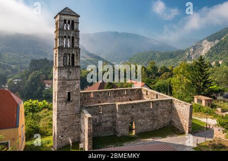 Ruins of St Mary Church and St Luke bell tower, morning haze, in Jajce, Central Bosnia Canton, Bosnia and Herzegovina, Southeastern Europe Stock Photo