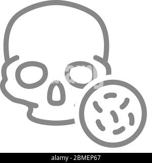 Skull with bacteria line icon. Bones of the head, cranial bacterial infection, osteomyelitis symbol Stock Vector