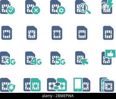 Set of SIM card flat icons. 3G, 4G, 5G - network, mobile internet, EMV chip, cards slot, phone chip and more. Stock Vector