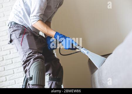 Man cleaning sofa chemical cleaning with professionally extraction method. Upholstered furniture. Early spring cleaning or regular clean up. Stock Photo