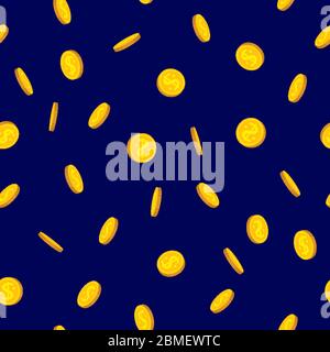 Seamless pattern gold coin rain, flat cartoon. Bank currency sign coins turn around, flying in air. Hundreds cash bill. Money flying background, various pennies. Vector illustration Stock Vector