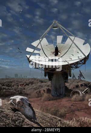 Post apocalyptic landscape. Abandoned, rusting space tracking station in a desert. Abandoned city in background, bleached animal skull in foreground. Stock Photo