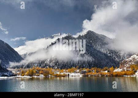 Beautiful view of mountain lake Issyk with yellow trees at autumn at snow mountains background in Kazakhstan, Central Asia Stock Photo