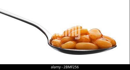 Spoon of baked beans in tomato sauce isolated on white background Stock Photo