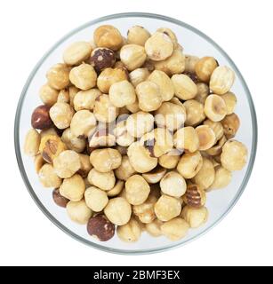 Peeled Hazelnuts isolated on white background (close up shot) Stock Photo