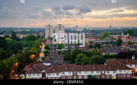 Streets of terraced house and council estate tower blocks form the cityscape of Tooting and Earlsfield in south west London. Stock Photo