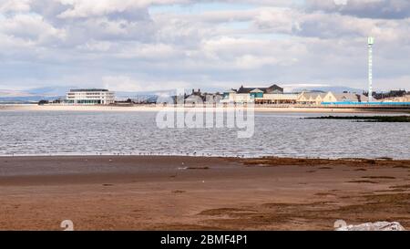Morecambe, England, UK - April 2, 2013: The iconic Midland Hotel, former Midland Railway station buildings, and modern retail and entertainment buildi Stock Photo