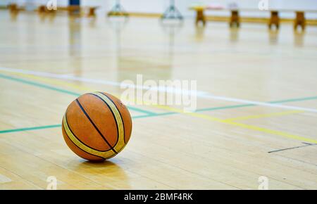 Ball on basketball court for competition and sports free space for text Stock Photo