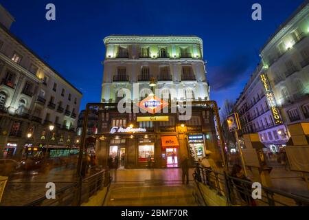 View of Architecture and Metro at Puerta del Sol at dusk, Madrid, Spain, Europe Stock Photo