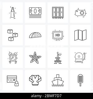 Set of 16 Simple Line Icons for Web and Print such as ice cube, photo, gym, photography, camera Vector Illustration Stock Vector