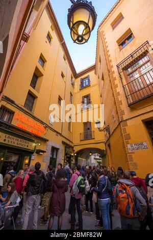 View of San Gines Chocolateria and people, Madrid, Spain, Europe Stock Photo