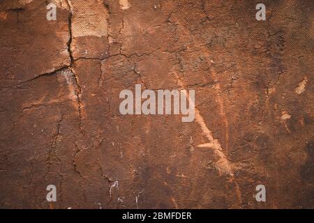 Scratched plywood, old wood texture, brown background. Dirty paper, panel surface. Vintage wooden frame. Shabby, cracked board, timber Stock Photo