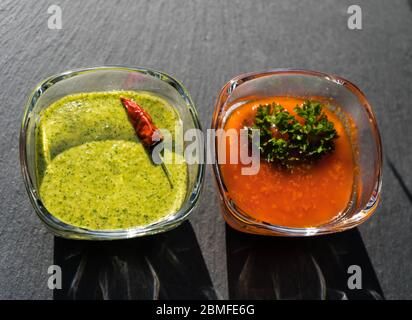 red and green garlic Sauce for canarian potatoes Stock Photo