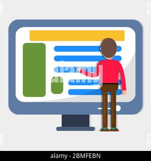 man touch the pc screen monitor for web development concept vector illustration Stock Vector
