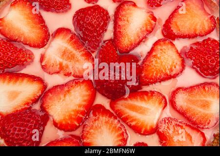 Close-up of delicious homemade strawberry tart. Top view. Horizontal shot. Stock Photo