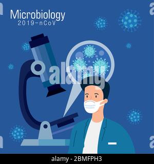 microbiology for covid 19 with doctor and microscope Stock Vector