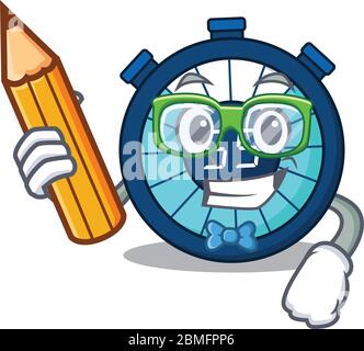 A brainy student hourglass cartoon character with pencil and glasses Stock Vector