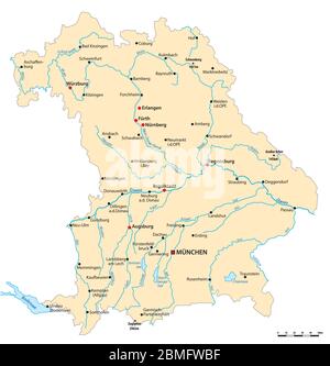 Vector map of the state of Bavaria with major cities, Germany Stock Vector