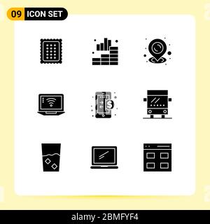 Pictogram Set of 9 Simple Solid Glyphs of economy, wifi, graph, signal, laptop Editable Vector Design Elements Stock Vector
