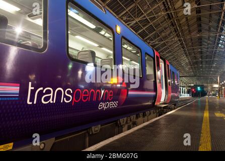 Firstgroup Transpennine Express logo on a Siemens class 185 train at Preston railway station. Stock Photo