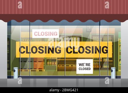 empty supermarket with yellow closing tape coronavirus pandemic quarantine covid-19 concept no people grocery shop market exterior horizontal vector illustration Stock Vector