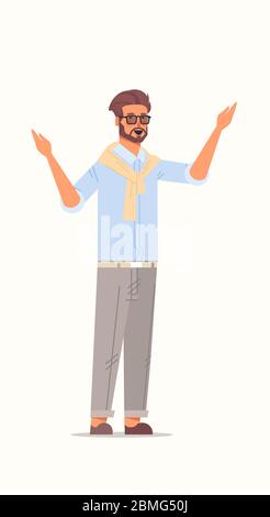 businessman shrugging shoulders business man showing helpless question gesture emotions body language concept male cartoon character standing pose full length vertical vector illustration Stock Vector