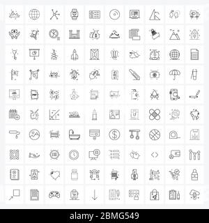 UI Set of 100 Basic Line Icons of banking, graph, cells, beat, hand watch Vector Illustration Stock Vector