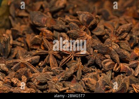 Macro shot of Badyan star anise spice at the market in India Stock Photo