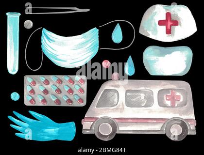 Watercolor illustration of a medical clip art. Hand-painted set of items ambulance pills protective mask. Set of medical icons Stock Photo