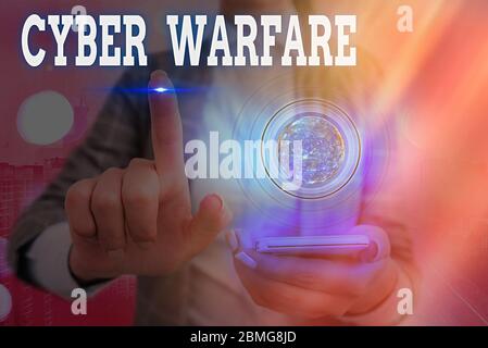 Word writing text Cyber Warfare. Business photo showcasing Virtual War Hackers System Attacks Digital Thief Stalker Elements of this image furnished b Stock Photo