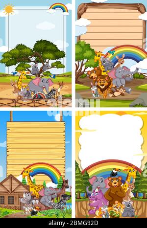 Border template design with many wild animals in background ...