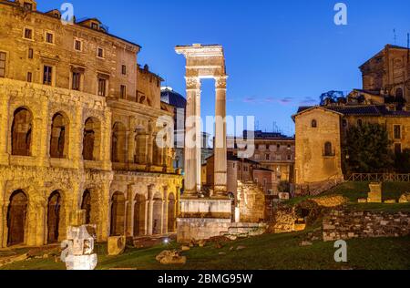 The Theatre of Marcellus and the Temple of Apollo Sosianus in Rome, Italy, at dusk Stock Photo