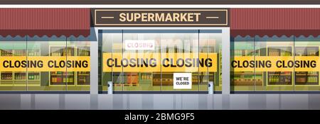 empty supermarket with yellow closing tape coronavirus pandemic quarantine covid-19 concept no people grocery shop market exterior horizontal vector illustration Stock Vector