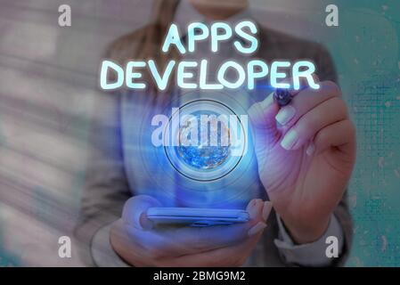 Word writing text Apps Developer. Business photo showcasing Graphic artist Software Programmer and Analyst Experts Elements of this image furnished by Stock Photo