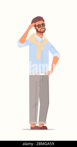 confused businessman skretching his head business man thinking emotions and body language concept male cartoon character standing pose full length vertical vector illustration Stock Vector