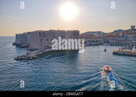 Dubrovnik old town harbor panorama drone shot Stock Photo