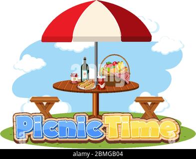Scene with food on the picnic table and word design for picnic time illustration Stock Vector