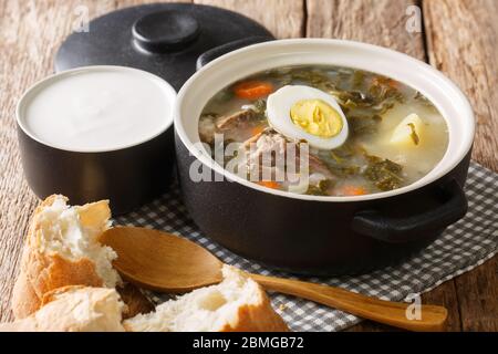 Tasty traditional green borscht made of sorrel, vegetables, eggs, meat with bread and sour cream close-up on the table. horizontal Stock Photo