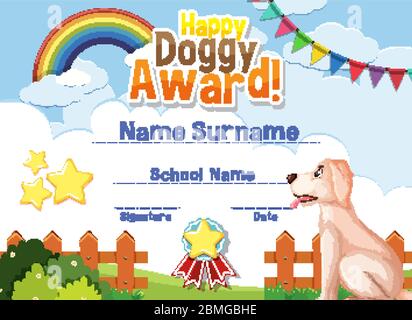 Certificate template design for happy doggy award with cute dog in the park illustration Stock Vector