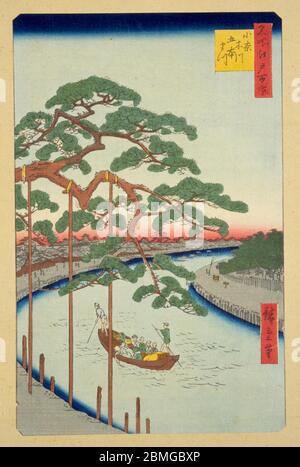 [ 1850s Japan - Ferry with Passengers ] —   Ferry on the Onagigawa River in Edo (current Tokyo), 1856 (Ansei 3).  This woodblock print is image 97 in One Hundred Famous Views of Edo (名所江戸百景, Meisho Edo Hyakkei), a series created by ukiyoe artist Utagawa Hiroshige (歌川広重, 1797–1858).  It is one of 26 autumn scenes in the series.  Title: 'Five Pines' and the Onagi Canal (小奈木川五本まつ, Ongagigawa Gohonmatsu)  19th century vintage Ukiyoe woodblock print. Stock Photo