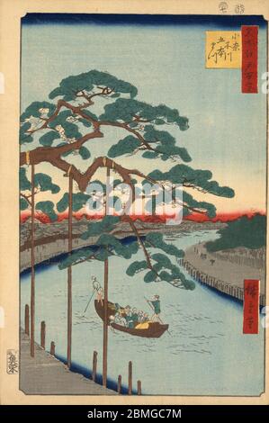[ 1850s Japan - Ferry with Passengers ] —   Ferry on the Onagigawa River in Edo (current Tokyo), 1856 (Ansei 3).  This woodblock print is image 97 in One Hundred Famous Views of Edo (名所江戸百景, Meisho Edo Hyakkei), a series created by ukiyoe artist Utagawa Hiroshige (歌川広重, 1797–1858).  It is one of 26 autumn scenes in the series.  Title: 'Five Pines' and the Onagi Canal (小奈木川五本まつ, Ongagigawa Gohonmatsu)  19th century vintage Ukiyoe woodblock print. Stock Photo