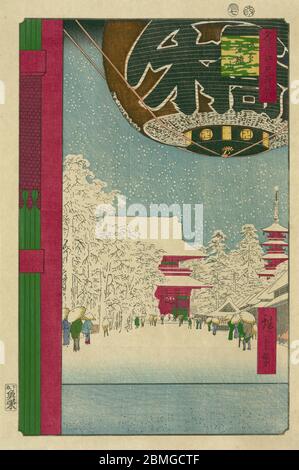 [ 1850s Japan - Sensoji Temple, Asakusa ] —   Kaminarimon gate, Hozomon and the pagoda of Sensoji Temple in Asakusa, Edo (current Tokyo) in the snow, 1856 (Ansei 3).  This woodblock print is image 99 in One Hundred Famous Views of Edo (名所江戸百景, Meisho Edo Hyakkei), a series created by ukiyoe artist Utagawa Hiroshige (歌川広重, 1797–1858).  It is one of 20 winter scenes in the series.  Title: Kinryuzan Temple in Asakusa (浅草金龍山, Asakusa Kinryuzan)  19th century vintage Ukiyoe woodblock print. Stock Photo