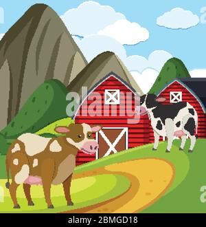Farm scene with two cows and red barns on the farm illustration Stock Vector